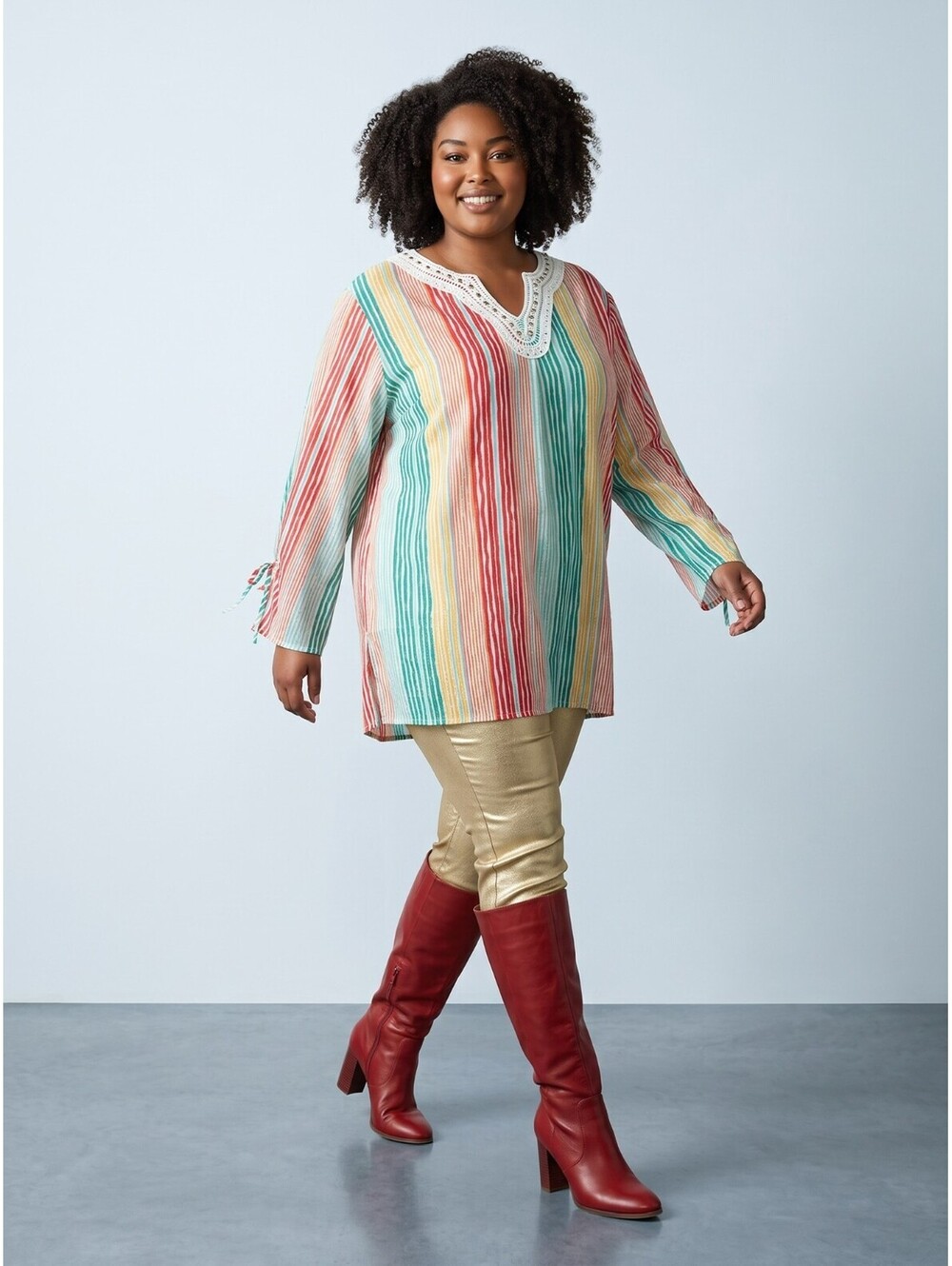 Ruby Rd Woman Striped Beaded Tunic-Size 1X-Red Blue Green Yellow Gold